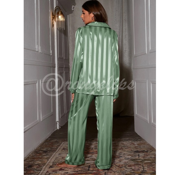 Satin Green Striped Women's Pajamas Pants Shirt Set - Picture 4 of 12